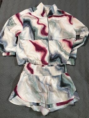 Calia Abstract Marble Performance Jacket and shorts set- White, Burgundy & Slate